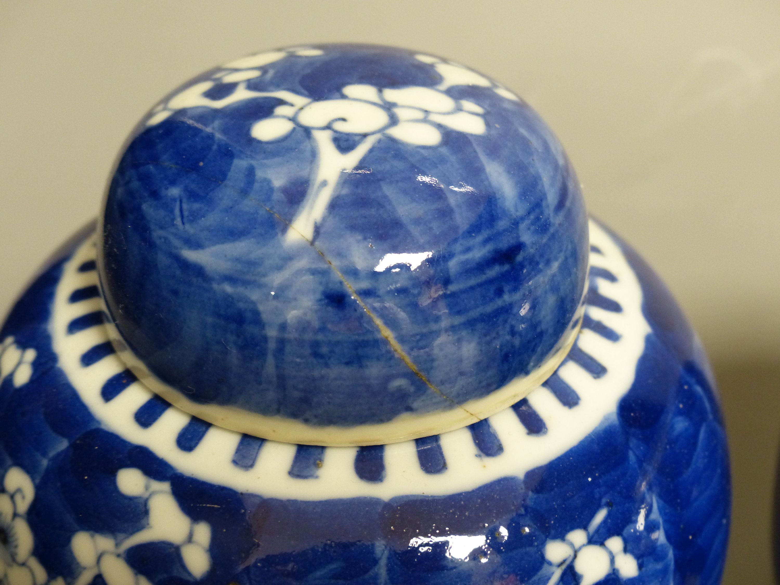 Three Chinese blue and white prunus jars, late 19th century/early 20th century